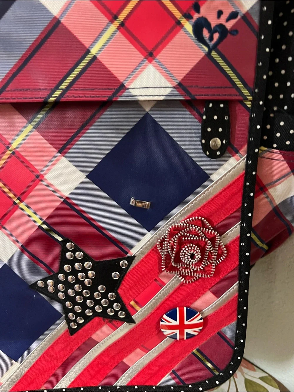 Justice Pink Navy Plaid Laptop Messenger Bag with Star Stud & Union Jack